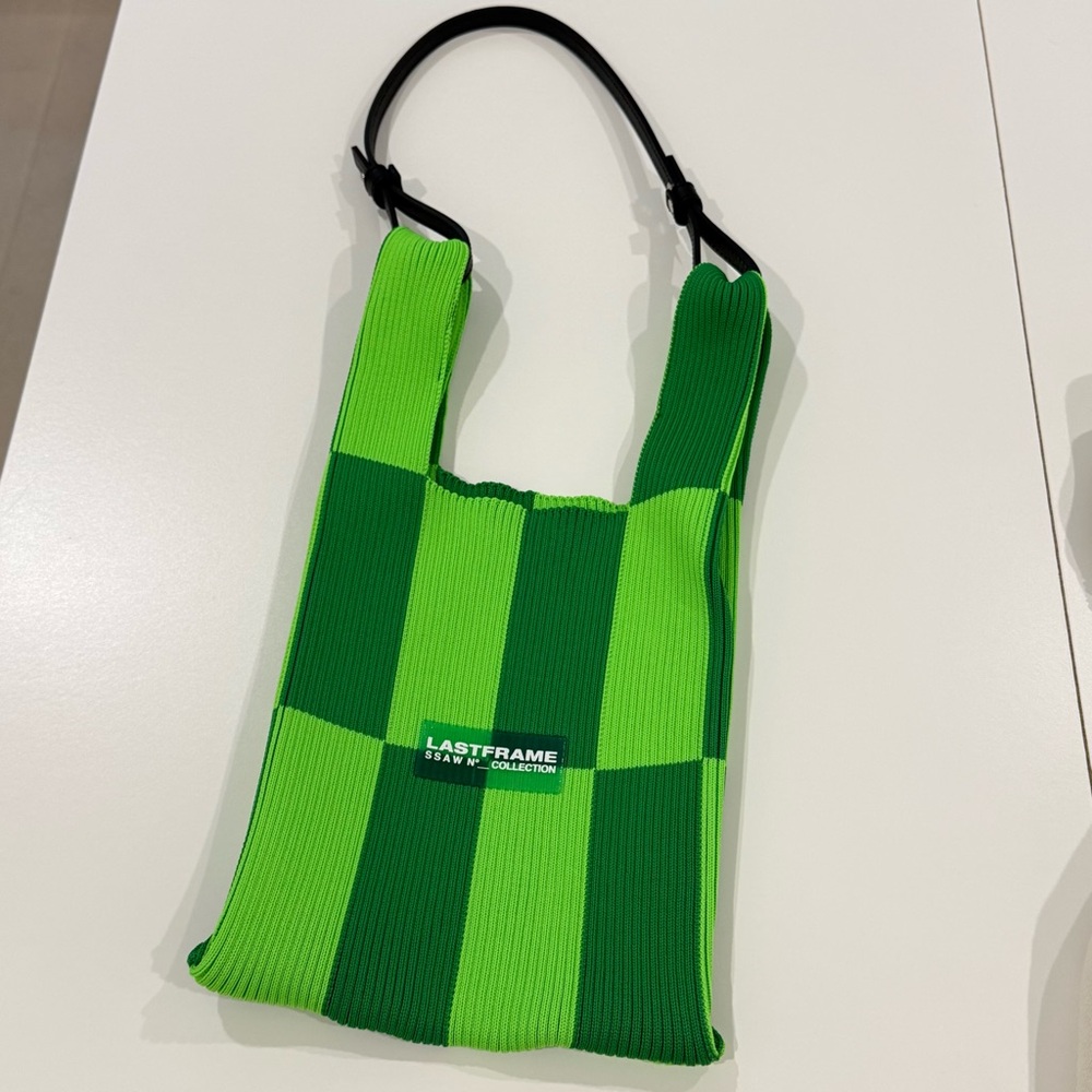 LASTFRAME Market Small Checked Woven Tote Bag - Green/Neon Green